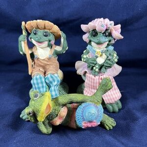 3 Frog Figurine Green Pink Dressed Whimsical Collectible Quirky Artistic